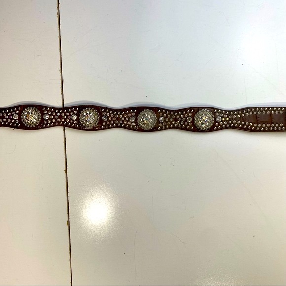 Nocona Y2K Vintage Bling Brown Silver Rhinestones Iridescent Jewel Vintage Belt - Picture 3 of 16